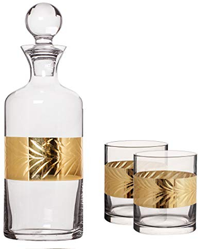 1.5L Whisky Decanter & 2 400ml Tumblers Embossed Art Deco Gold Wedding Anniversary Glassware Gift Set