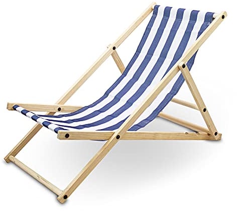 BITUXX Liegestuhl Sonnenliege Gartenliege Holzliege Strandliegestuhl Holz Klappbar (Blau/Weiß Gestreift)