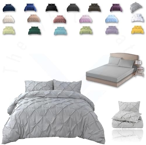 TheWhiteWater Duvet Set - 2/3 in 1 Bedding Set - Duvet Cover + Matching Pillowcases + Fitted Bed Sheets - NPolycotton Pintuck Cover (Silver, 3 in 1 Bedding Set - Super King)