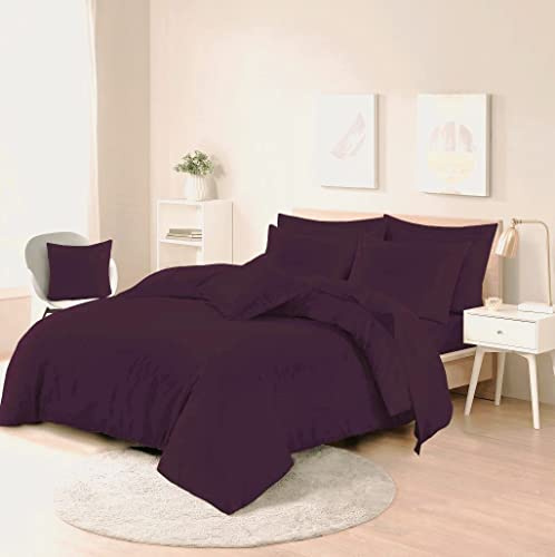 HOMES-LINEN Easy Care Poly-cotton Plain Dyed Duvet Cover Set (Plum, Double)