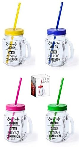 Lote de 25 Jarras Cristal Con Caña RECUERDO MOLÓN SURTIDO EN COLORES - Jarras con Frases, tazas originales para Detalles, recuerdos y regalos de Comuniones