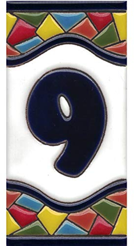 Numeri casa esterna - Piastra porta - Ceramica smaltata - Dipinti a Mano con tecnica della corda asciutta - Nomi e direzioni - Modello Grande Mosaico 7,5 cm x 15 cm (numero nove 9)
