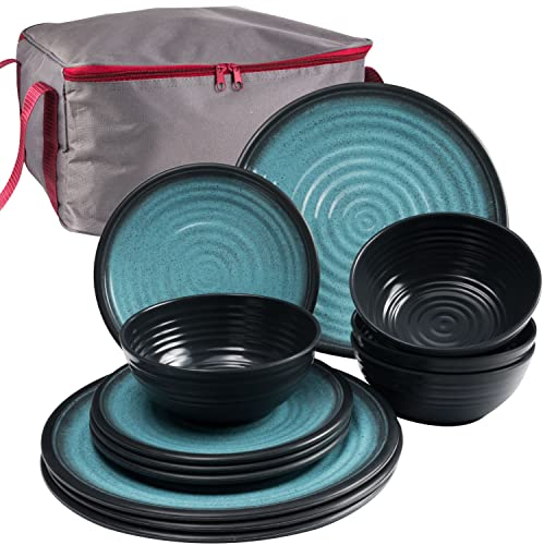 Camping Geschirr Set aus Melamin Blau 13 Teile mit Aufbewahrungstasche - 4 Personen Essgeschirr Campinggeschirr Picknick für Camping Teller Schüssel Schale Tafelgeschirr mit Reißverschluß Tasche