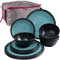 Camping Geschirr Set aus Melamin Blau 13 Teile mit Aufbewahrungstasche - 4 Personen Essgeschirr Campinggeschirr Picknick für Camping Teller Schüssel Schale Tafelgeschirr mit Reißverschluß Tasche
