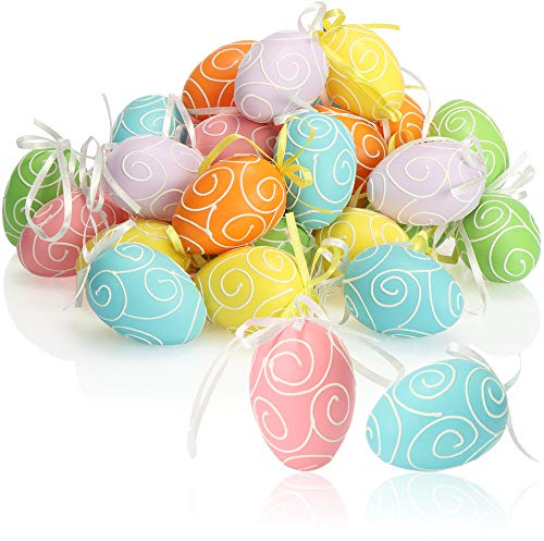 COM-FOUR® 36x Ostereier zum Aufhängen 6 cm - Osterdeko in sechs schönen Pastellfarben - Deko Ostereier für den Osterstrauß (bunt/Fadendekor - 01)
