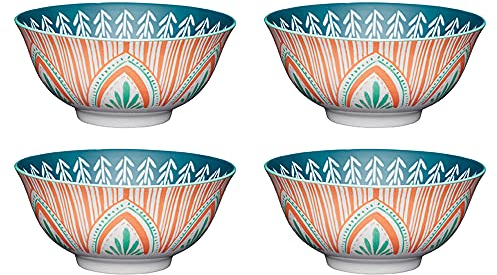 KitchenCraft Set of 4 Glazed Stoneware Bowls with Mediterranean Leaf & Stripe Pattern, Green & Pink Ceramic Bowls with Footed Base, Microwave & Dishwasher Safe, 15.7 cm (6)