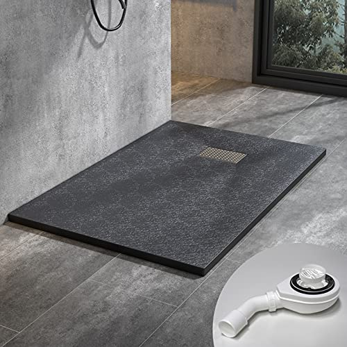 Duschwanne 120x80 cm SMC Brausewanne Schwarz Steinoptik Antirutsch Duschtasse Höhe 3,2 cm Niedrige Schwelle Extraflach Brausetasse mit Ablaufgarnitur Ø 90 mm