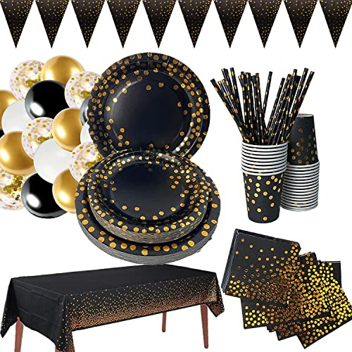 Black Gold Party Supplies - Gold Foil Dot Cutlery Set with Tablecloth, Plates, Cups, Straws, Napkins for Birthdays, Weddings, Anniversary, Graduation (Serves 16)