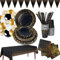 Black Gold Party Supplies - Gold Foil Dot Cutlery Set with Tablecloth, Plates, Cups, Straws, Napkins for Birthdays, Weddings, Anniversary, Graduation (Serves 16)