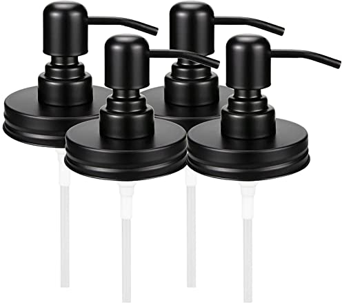 4 Mason Jar Soap Dispenser Lid with Pumps, Rustproof Stainless Steel Mason Jar Pump Lid Lotion Soap Dispenser Lids Replacement Kit for Regular Mouth Bottle Mason Jar