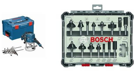 Bosch Professional 0601626001 Défonceuse GOF CE 1250 W 10000-24000 tours/min + 15 pièces Kit de Fraises Mixtes (pour Bois, Ø 8 mm Queue, Accessoires pour Défonceuses Portatives, Affleureuses)