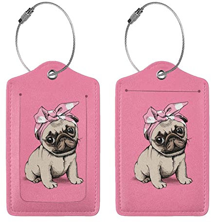 Buyidec 2 Stück Gepäckanhänger für Mädchen, rosa Mops, für Koffer, Leder-Gepäckanhänger mit Schlaufe, Namensausweis, Reisetasche, Etiketten-Set für Damen, Herren, Jungen, Mädchen, Kinder