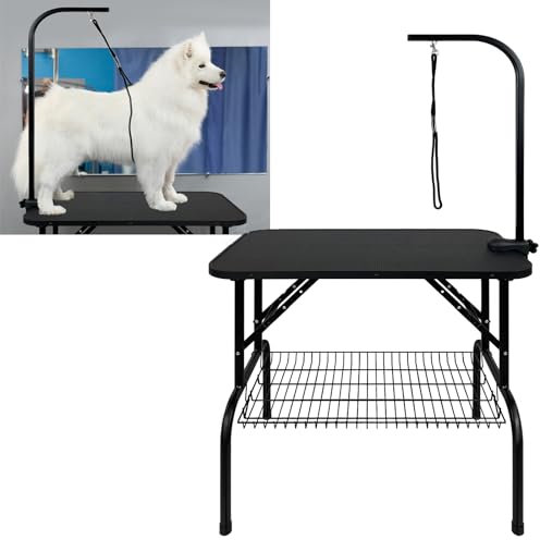 YUENFONG Trimmtisch für Hunde Hundefrisiertisch Schertisch Hundepflegetisch Klappbar Tierpflegetisch mit 2 Schlingen & kratzfester Gummioberfläche, Tragfähigkeit bis 60 kg, 80.5 x 46 x 76 cm