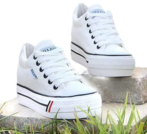 DSAI Damen Frühling/Herbst Canvas Keilabsatz Sneaker - Weiß, 35 EU