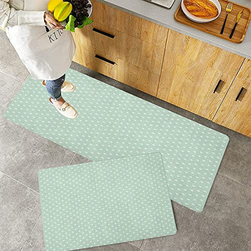 Küchenteppich Teppich Läufer Küchenläufer 2 Stück,Grünes Muster im Retro-Stil mit kleinen weißen Tupfen Pastell, Mintgrün,rutschfest waschbar für Flur Küche 40x60 cm+40x120 cm