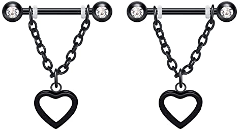 Longbeauty 14G Brustwarzenpiercing Brustpiercing Nippel Ringe Barbell Intim-Piercing mit Anhänger Edelstahl CZ Körperschmuck, 1 Paar, Herz, Schwarz
