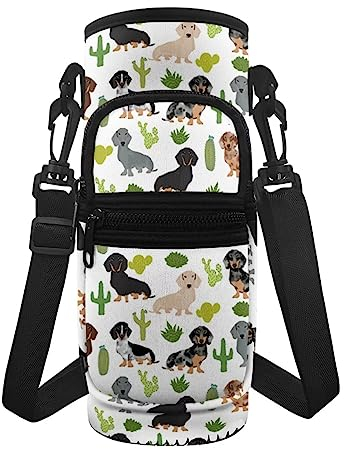 KUIFORTI Dachshund Cactus Water Bottle Carrier Bag Bottle Pouch Holder,Women Men Sports Water Bottle Cover Sleeve Portable Crossbody Water Bottle Cup Protector with Phone Pocket