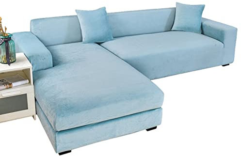 GUYIRT Strecken Sofabezug L Form Samt, L Form Sofa überzug 2 Stück Couchbezug L Form Weicher Möbelschutz Mit Elastischem Boden Für Hunde Und Katzen -hellblau-4+3 Sitzer