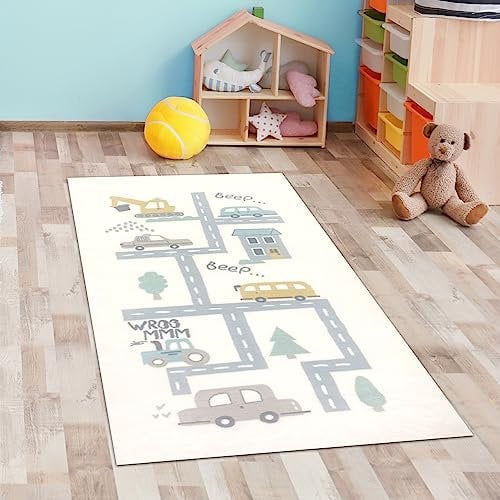 CARPETIA Teppich Kinder-Teppich allergiker-freundlich Auto-Bagger weich Creme 80x150 cm