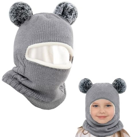 mizikuu schlupfmütze Baby, Strickmütze Bommel Fleecefutter Warm Niedlich Wintermütze Warm Mütze und Schal Set Beanie Mütze Weiche Baumwollkaps Schals Hüte für Jungen Mädchen 2-7 Jahre