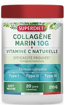 SUPERDIET - COLLAGÈNE MARIN + VITAMINE C NATURELLE - Sans arôme - Peau, articulations, muscles - Fabrication française - Poudre 210g