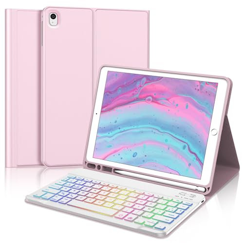 SENGBIRCH Coque Clavier pour iPad 9/8/7ème gén 10.2 Pouces - AZERTY Français Clavier Rétroéclairé 7 Couleurs Bluetooth Détachable sans Fil, Étui pour iPad Air 3 10.5, Rose Clair