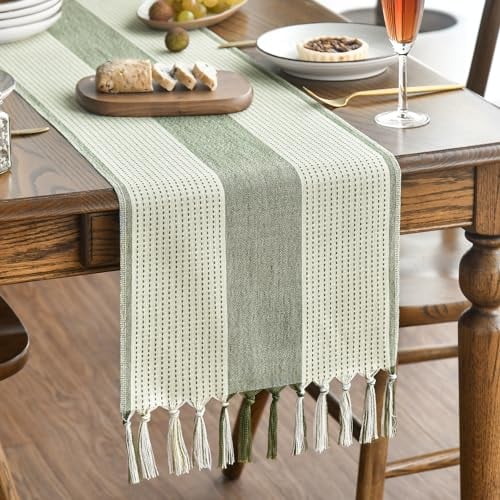 Artoid Mode Boho Salbei Grün Landhausstil Bauernhaus Stil Quasten Tischläufer, Waschbar Tisch Dekoration Party Geburtstag Hochzeit Dekor 33x243 cm