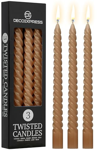 DECO EXPRESS Stabkerzen Set 3er oder 6er Tropffreie Stabkerzen Gedrehte Spiralkerzen Bunte Kerzen Brenndauer 6 Stunden Unparfümiert (Braun – 3er-Pack)