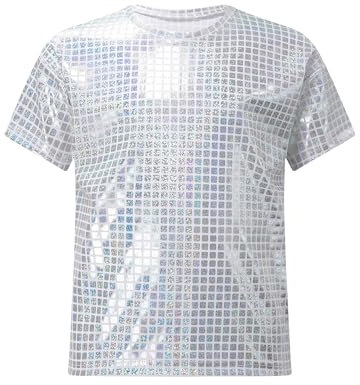 Miaeowve Kinder Junge Mädchen Sport Shirt Pailletten Glänzend Oberteil Rundhals Party Disco Tshirt Für Fasching Karneval Silber 122-128