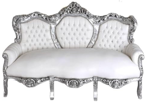 Sofa Antik Weiss Silber Couch Kunstleder Sofa Barockstil 174cm bar118 Palazzo Exklusiv