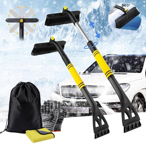 ZTBFHLZQ Eiskratzer Auto mit Besen,Auto Eiskratzer,Eiskratzer Teleskop mit Besen,Eiskratzer Auto mit handschuh,Schneebesen Auto Teleskop,360° eiskratzer Für Auto LKW SUV PKW Windschutzscheibe(Gelb)