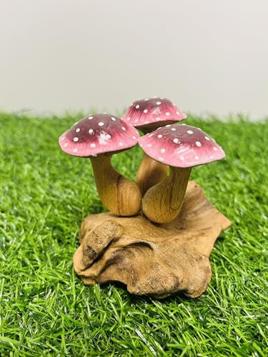 My Square Mile Wooden Mushroom Garden Ornament | Teak Wood For Indoor & Outdoor Use | Hand Carved Garden Sculpture (Purple Short 3 Mushroom)
