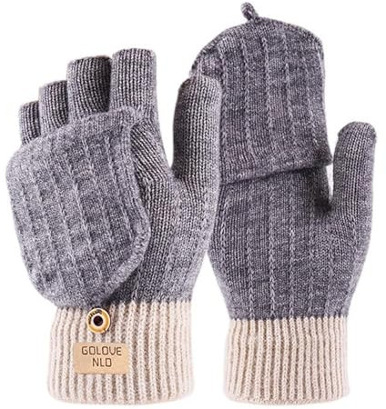 Fingerlose Handschuhe Herren und Damen - Halbfingerhandschuhe mit Kappe,Winter Flip Handschuhe mit Berührung,Fäustlinge Handschuhe mit Alpakawolle Winterhandschuhe (grau)