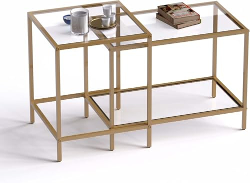 Huhote Nesting Tables, Set of 2 End Table, Coffee Tables, Side Table with Metal Frame for Living Room/Bedroom/Balcony/Office/Apartment, Diameter 60/40 cm (Gold Frame, Glass Top)