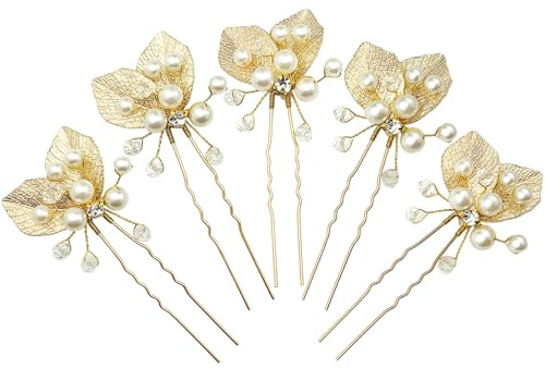 BETITETO Bridal Gold Hair Pins 5pcs Pearl Metal Leaf Wedding Hair Pieces Accessories for Women Girls