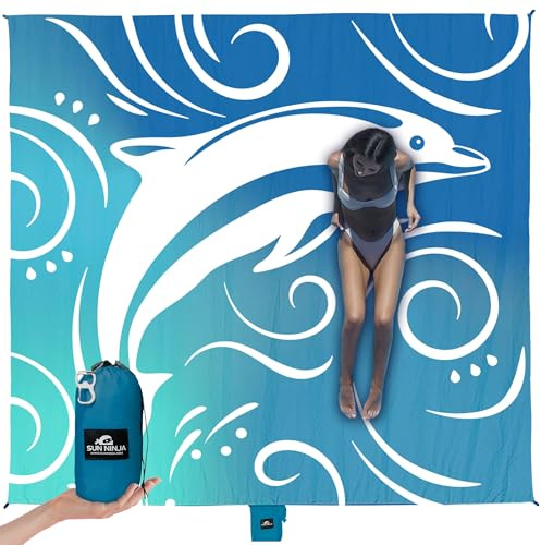 SUN NINJA Oversized Beach Blanket - Sandproof Beach Blanket, 10ft x 9ft Sand Free Blanket, Lightweight, Water Resistant, Includes Carry Bag, 4 Pegs, Shoulder Strap for Family Outings