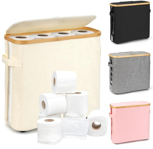 32L Toilet Paper Containers Bamboo, Toilet Roll Storage with Lid, Bathroom Storage Box, Toilet Paper Basket, Multifunctional Storage Basket - White