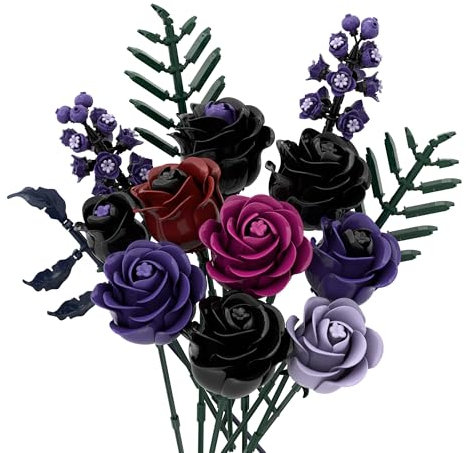 HOGOKIDS Bouquet de Fleurs à Construire - 14 Roses Violettes et Noires en Briques, 532 Pièces, Fleurs Artificielles Gothiques, Déco Maison/Bureau, Cadeau Femme Fête des Mères Anniversaire