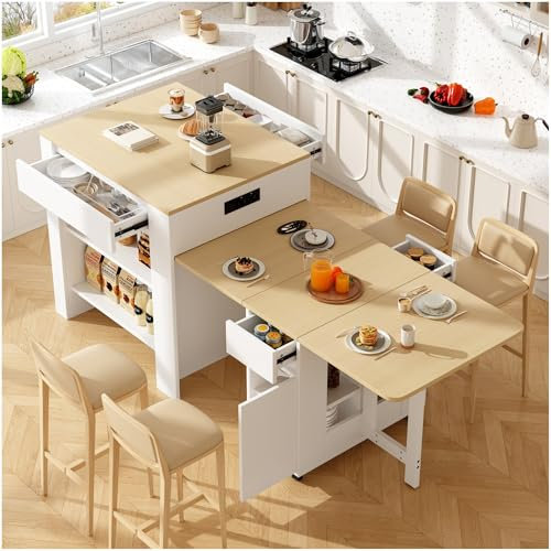 Seyakany Isla de cocina con mesa de bar extensible y espacio de almacenamiento (110-124 × 78 × 97,5 cm), mesa plegable con 2 cajones, 2 estantes laterales abiertos y toma de corriente integrada, color