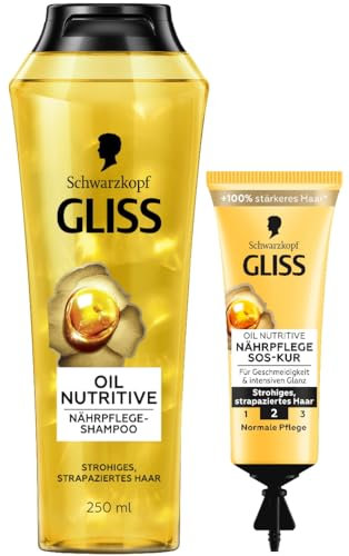 Gliss Shampoo Oil Nutritive (250 ml), Haarshampoo mit Omega 9 & Marula-Öl & SOS-Intensiv-Kur Oil Nutritive (15 ml), Haarkur für intensive Reparatur und gesund aussehenden Glanz
