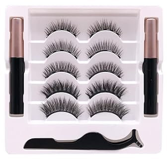 Pestañas magnéticas, 5 pares de pestañas naturales tridimensionales sin pegamento, pestañas magnéticas reutilizables, con delineador magnético + pinzas, fáciles de llevar y sin sensación