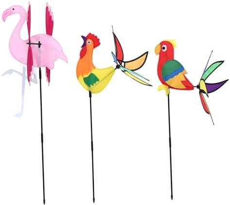 Veemoon Bunte 3D Windmühlen Gartenstecker Set – 3 Stücke Mit Hahn - Papagei Und Flamingo – Ideale Gartendeko Für Hof - Balkon Party Und Kindergarten – Für Fröhliche Akzente Im Freien
