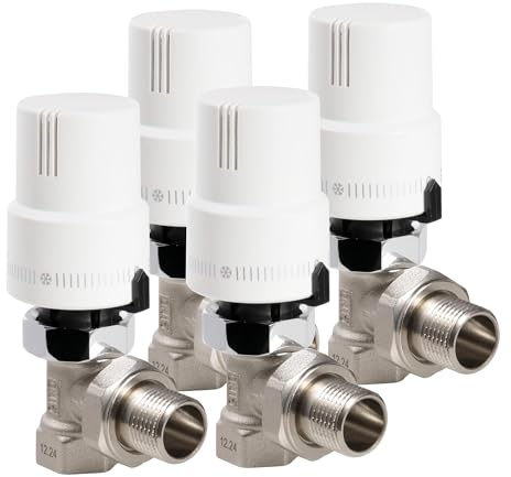 VANCOCO 4 Pièces 1/2 (15×21) Robinet Thermostatique, Raccord Fileté, Régulateur de Radiateur, Coude en Équerre, Blanc, Sonde Liquide, Protection Anti-Gel, Norme EN215