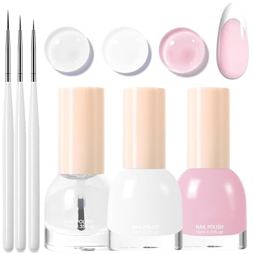 French Manicure Nagellack Set - Schnell trocknend & Langanhaltend Nail Polish mit 3 dünnem Nail Art Pinsel, ungiftiger Nagellack auf Wasserbasis für DIY Nageldesign (Rosa)