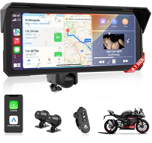 Jansite 8,1 Zoll 4K Dashcam Motorrad CarPlay Android Auto Bildschirm, Motorrad Navi IPX7 Wasserdicht GPS Navigationsgeräte für Motorräder mit Dual-Bluetooth,Siri/G-oogle Assistant 64GB TF