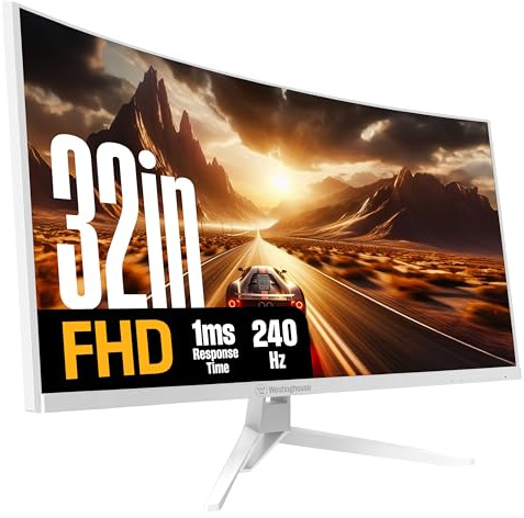 Westinghouse 32 Inch Curved Full HD White Gaming Monitor, 240Hz, AMD FreeSync Support, Low Motion Blur, 1500R Curve, 1920 x 1080, for PC Games with Built in Speakers, DisplayPort, HDMI