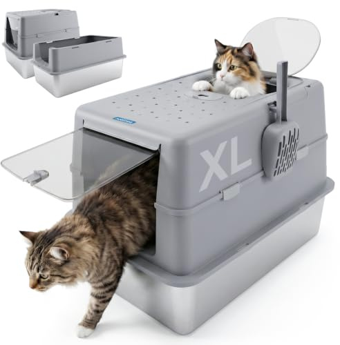 Nobleza Arenero de Acero Inoxidable para Gatos – Cerrado con Tapa Plegable y Doble Entrada – Resistente, Sin Olores, Fácil Limpieza – Ideal para Gatitos y Gatos Adultos