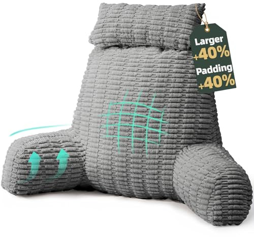 mereza Reading Pillow for Bed Adult, Extra Large Back Support Pillow with Neck Support, Soft Corduroy Cuddle Cushion for Bed Sofa Chair, TV Watching Gaming Relaxing Working Grey
