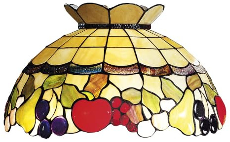 Lampenschirm Tiffany Amber mit buntem Obst-Design: rote Apfel, Birne, Traube und Pflaumen, 265 Original Tiffany-Glas - Maße Ø 55 cm - Lampenschirm Tiffany Modell Perenz T925