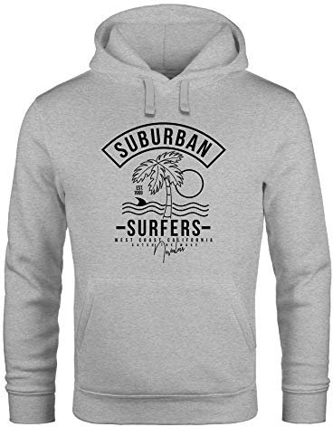 Neverless® Hoodie Herren Surfer Motiv Schriftzug Suburban Surfers Palme Welle Kapuzen-Pullover Männer grau L